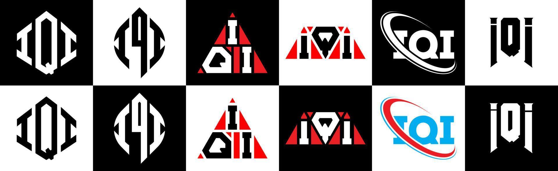 création de logo de lettre iqi en six styles. polygone iqi, cercle, triangle, hexagone, style plat et simple avec logo de lettre de variation de couleur noir et blanc dans un plan de travail. logo minimaliste et classique iqi vecteur