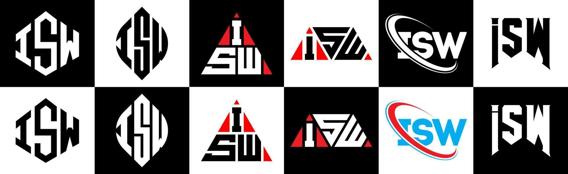 création de logo de lettre isw en six styles. isw polygone, cercle, triangle, hexagone, style plat et simple avec logo de lettre de variation de couleur noir et blanc dans un plan de travail. isw logo minimaliste et classique vecteur