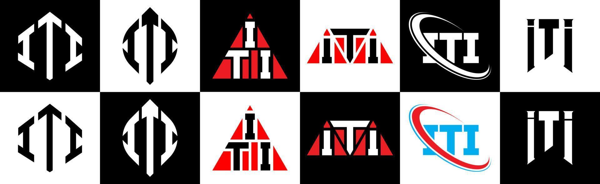 création de logo de lettre iti en six styles. iti polygone, cercle, triangle, hexagone, style plat et simple avec logo de lettre de variation de couleur noir et blanc dans un plan de travail. iti logo minimaliste et classique vecteur