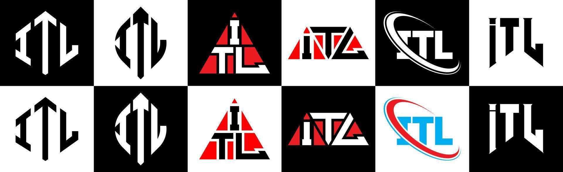 création de logo de lettre itl en six styles. itl polygone, cercle, triangle, hexagone, style plat et simple avec logo de lettre de variation de couleur noir et blanc dans un plan de travail. itl logo minimaliste et classique vecteur