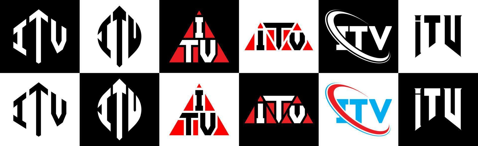 création de logo de lettre itv en six styles. itv polygone, cercle, triangle, hexagone, style plat et simple avec logo de lettre de variation de couleur noir et blanc dans un plan de travail. itv logo minimaliste et classique vecteur