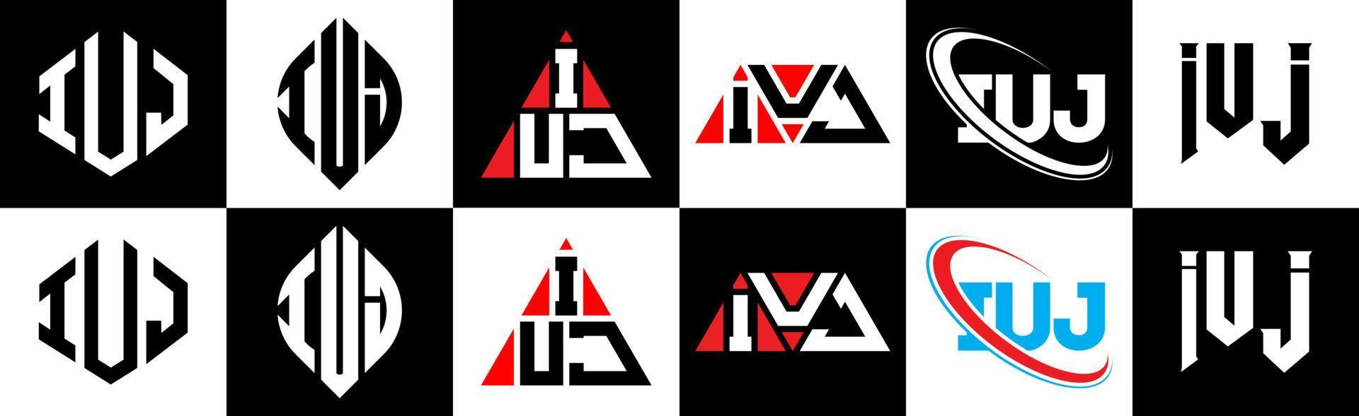 création de logo de lettre iuj en six styles. iuj polygone, cercle, triangle, hexagone, style plat et simple avec logo de lettre de variation de couleur noir et blanc dans un plan de travail. iuj logo minimaliste et classique vecteur
