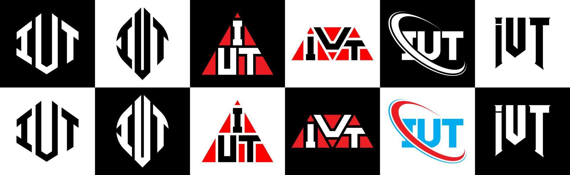 création de logo de lettre iut en six styles. iut polygone, cercle, triangle, hexagone, style plat et simple avec logo de lettre de variation de couleur noir et blanc dans un plan de travail. iut logo minimaliste et classique vecteur