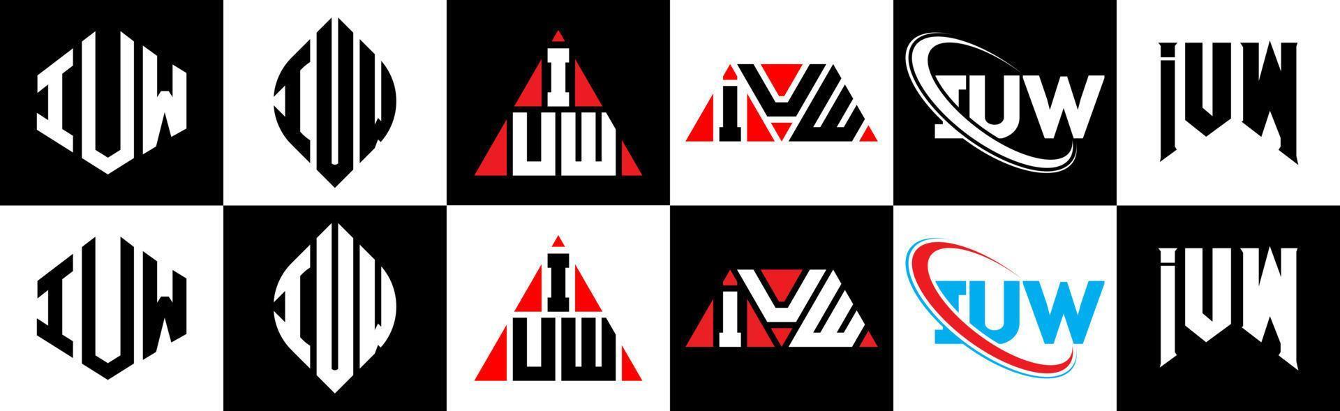 création de logo de lettre iuw en six styles. iuw polygone, cercle, triangle, hexagone, style plat et simple avec logo de lettre de variation de couleur noir et blanc dans un plan de travail. iuw logo minimaliste et classique vecteur