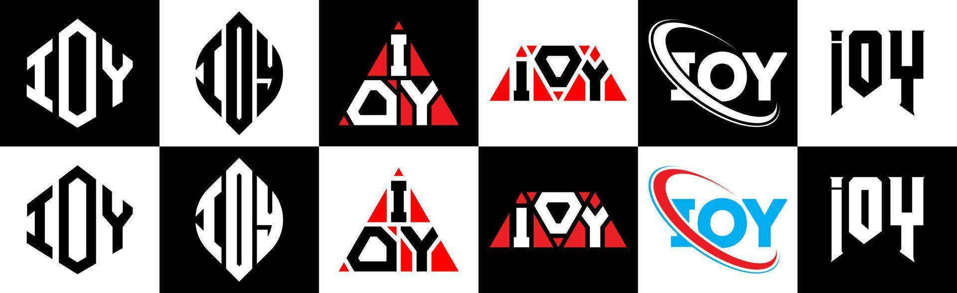 création de logo de lettre ioy en six styles. ioy polygone, cercle, triangle, hexagone, style plat et simple avec logo de lettre de variation de couleur noir et blanc dans un plan de travail. logo minimaliste et classique ioy vecteur