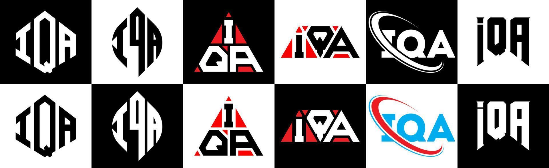 création de logo de lettre iqa en six styles. polygone iqa, cercle, triangle, hexagone, style plat et simple avec logo de lettre de variation de couleur noir et blanc dans un plan de travail. logo minimaliste et classique iqa vecteur