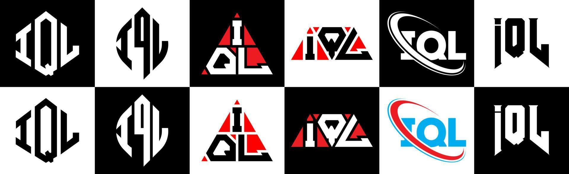 création de logo de lettre iql en six styles. polygone iql, cercle, triangle, hexagone, style plat et simple avec logo de lettre de variation de couleur noir et blanc dans un plan de travail. logo minimaliste et classique iql vecteur