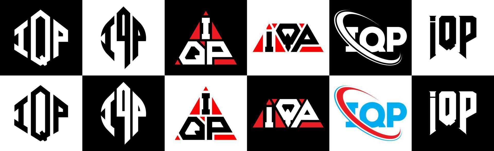 création de logo de lettre iqp en six styles. polygone iqp, cercle, triangle, hexagone, style plat et simple avec logo de lettre de variation de couleur noir et blanc dans un plan de travail. logo minimaliste et classique iqp vecteur