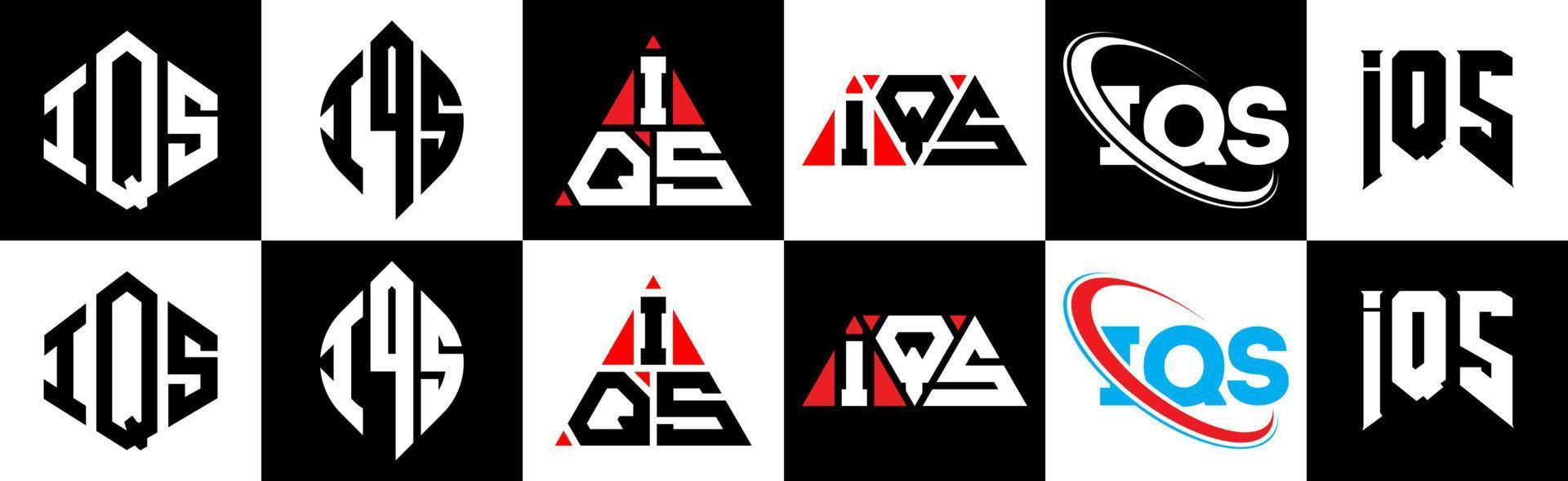 création de logo de lettre iqs en six styles. polygone iqs, cercle, triangle, hexagone, style plat et simple avec logo de lettre de variation de couleur noir et blanc dans un plan de travail. logo minimaliste et classique iqs vecteur