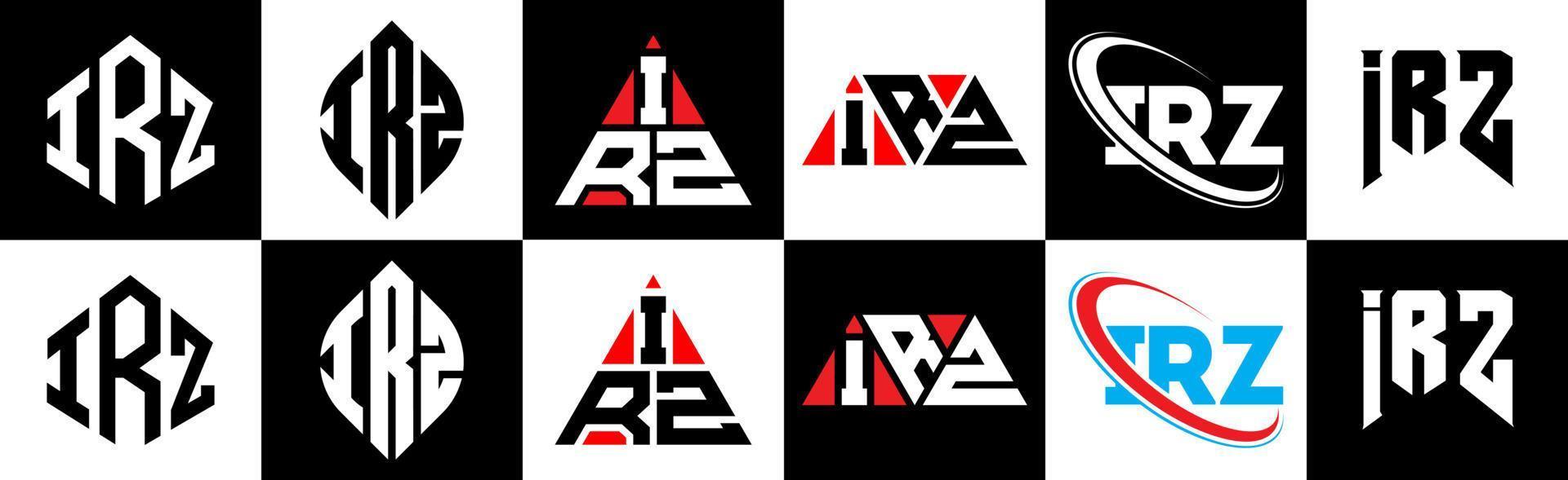 création de logo de lettre irz en six styles. polygone irz, cercle, triangle, hexagone, style plat et simple avec logo de lettre de variation de couleur noir et blanc dans un plan de travail. logo minimaliste et classique irz vecteur