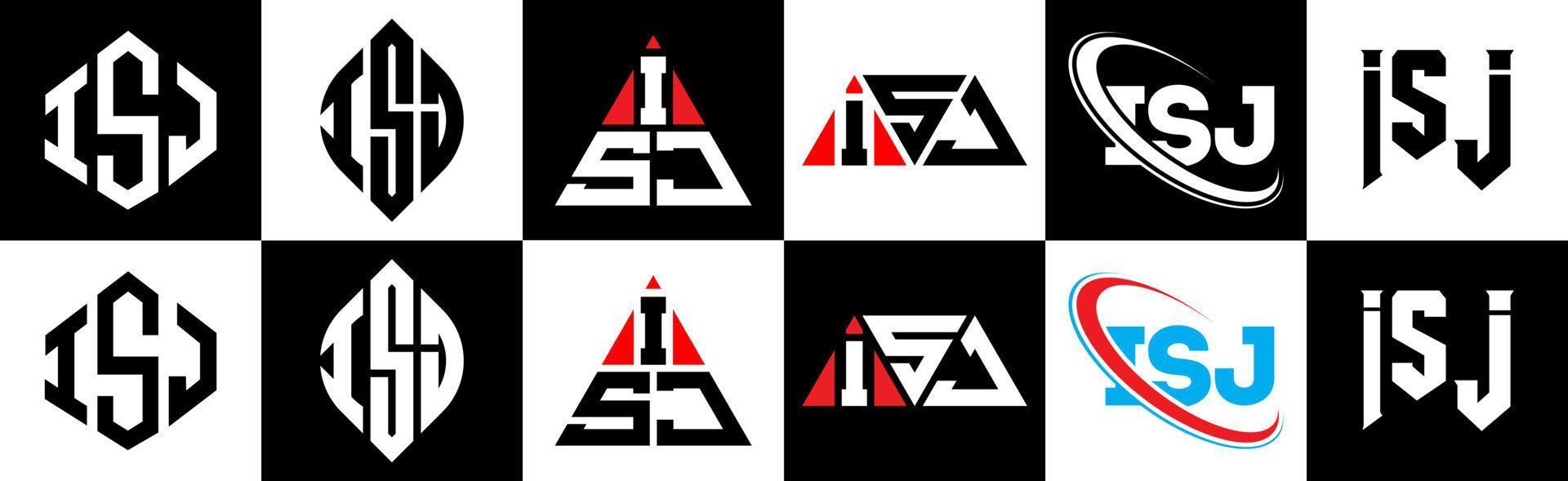 création de logo de lettre isj en six styles. polygone isj, cercle, triangle, hexagone, style plat et simple avec logo de lettre de variation de couleur noir et blanc dans un plan de travail. isj logo minimaliste et classique vecteur