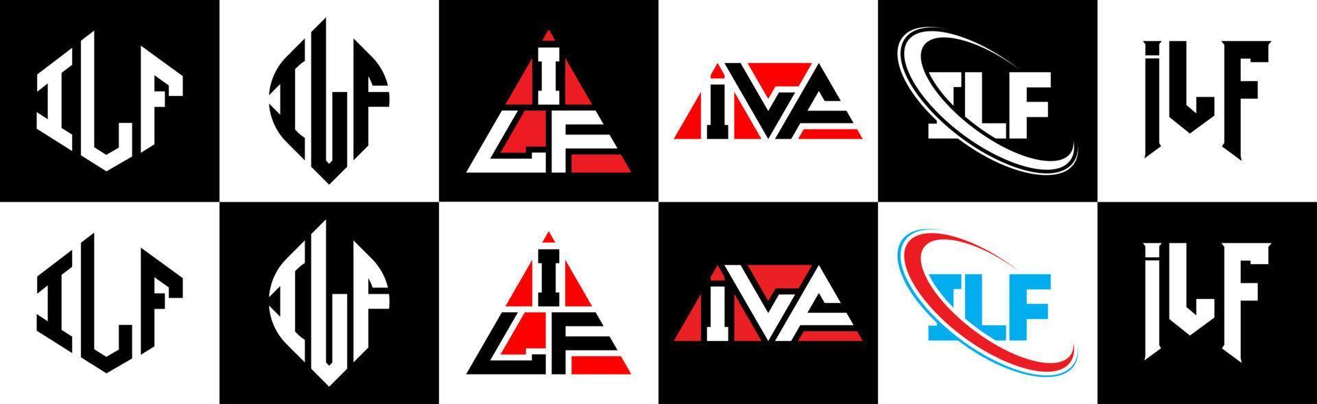 création de logo de lettre ilf en six styles. ilf polygone, cercle, triangle, hexagone, style plat et simple avec logo de lettre de variation de couleur noir et blanc dans un plan de travail. ilf logo minimaliste et classique vecteur