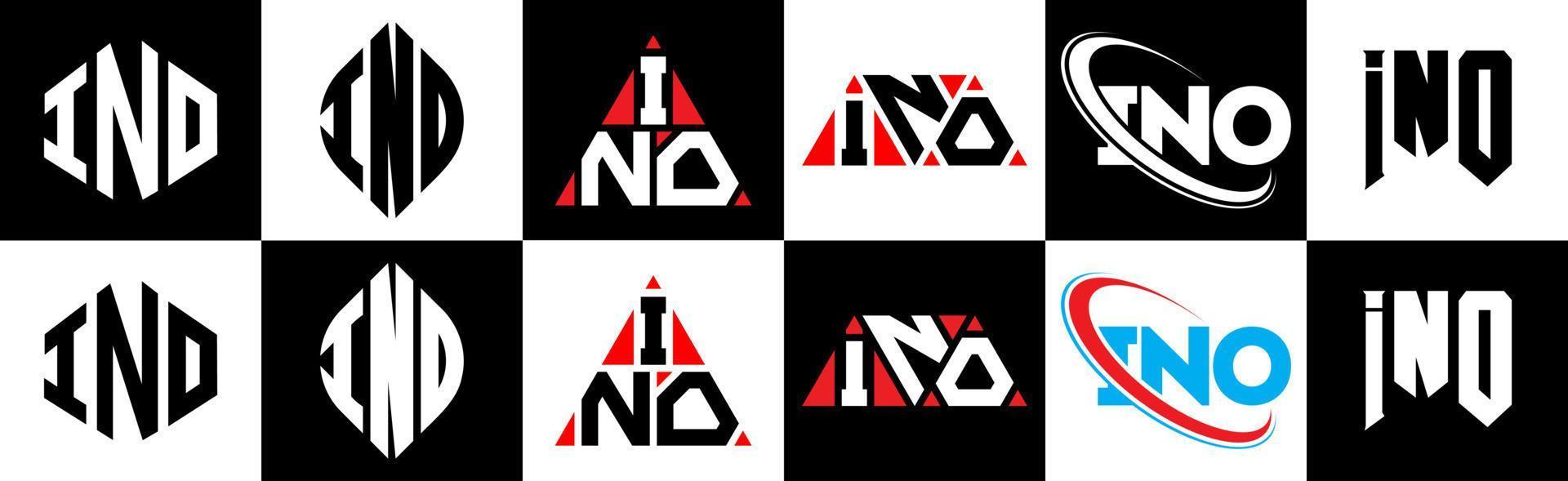 création de logo de lettre ino en six styles. ino polygone, cercle, triangle, hexagone, style plat et simple avec logo de lettre de variation de couleur noir et blanc dans un plan de travail. ino logo minimaliste et classique vecteur