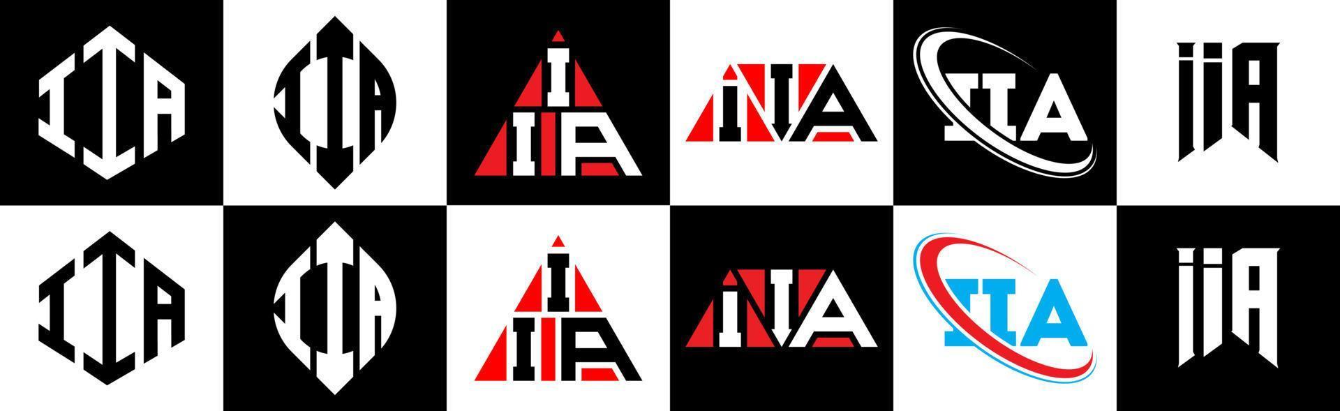 création de logo de lettre iia en six styles. iia polygone, cercle, triangle, hexagone, style plat et simple avec logo de lettre de variation de couleur noir et blanc dans un plan de travail. iia logo minimaliste et classique vecteur