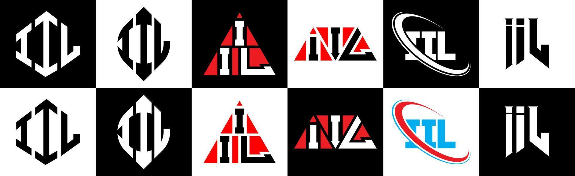 création de logo de lettre iil en six styles. iil polygone, cercle, triangle, hexagone, style plat et simple avec logo de lettre de variation de couleur noir et blanc dans un plan de travail. iil logo minimaliste et classique vecteur