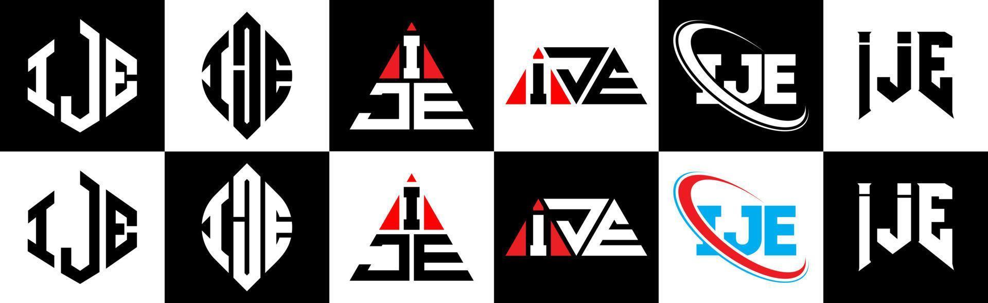 création de logo de lettre ije en six styles. ije polygone, cercle, triangle, hexagone, style plat et simple avec logo de lettre de variation de couleur noir et blanc dans un plan de travail. logo minimaliste et classique ije vecteur