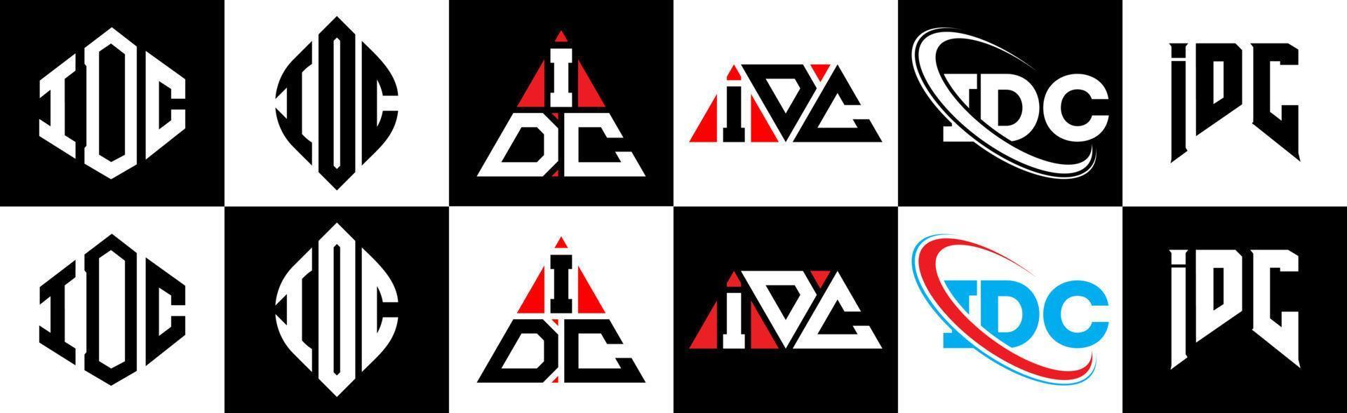 création de logo de lettre idc en six styles. polygone idc, cercle, triangle, hexagone, style plat et simple avec logo de lettre de variation de couleur noir et blanc dans un plan de travail. logo minimaliste et classique idc vecteur