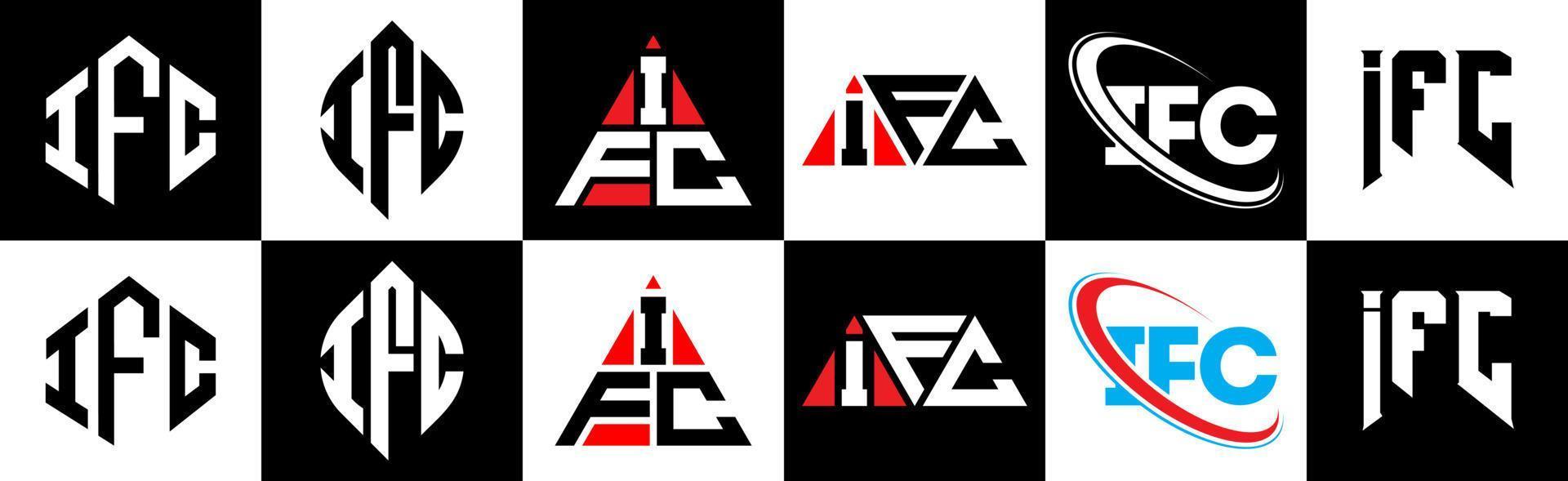 création de logo de lettre ifc en six styles. ifc polygone, cercle, triangle, hexagone, style plat et simple avec logo de lettre de variation de couleur noir et blanc dans un plan de travail. logo ifc minimaliste et classique vecteur