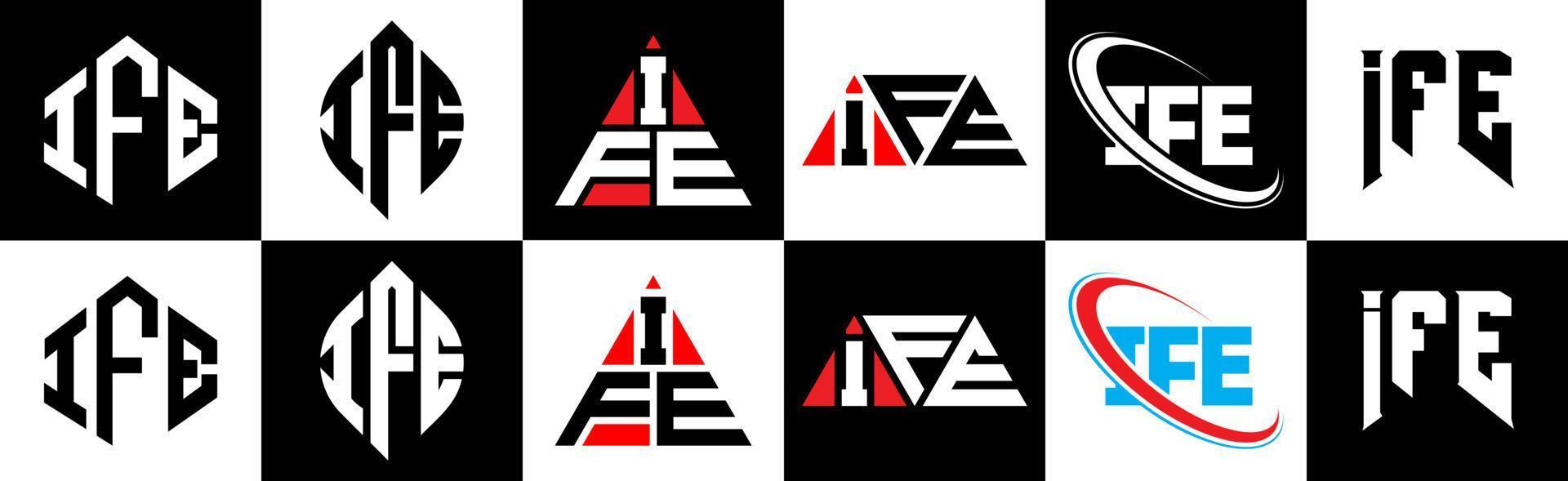 création de logo de lettre ife en six styles. ife polygone, cercle, triangle, hexagone, style plat et simple avec logo de lettre de variation de couleur noir et blanc dans un plan de travail. ife logo minimaliste et classique vecteur