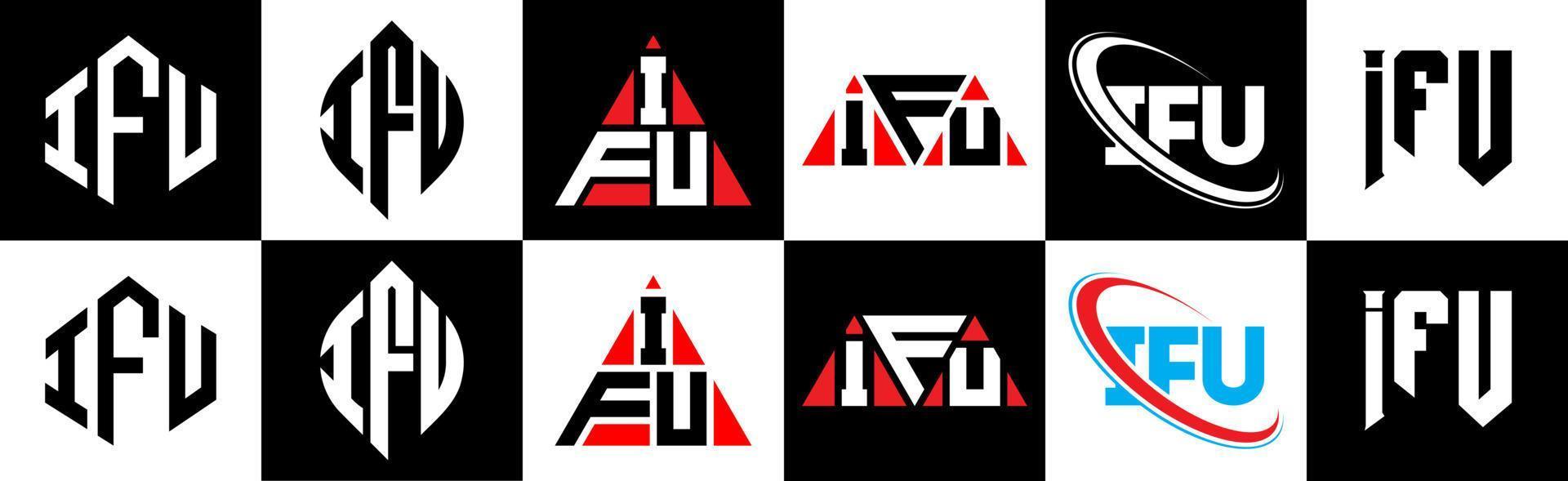 création de logo de lettre ifu en six styles. polygone ifu, cercle, triangle, hexagone, style plat et simple avec logo de lettre de variation de couleur noir et blanc dans un plan de travail. logo minimaliste et classique ifu vecteur