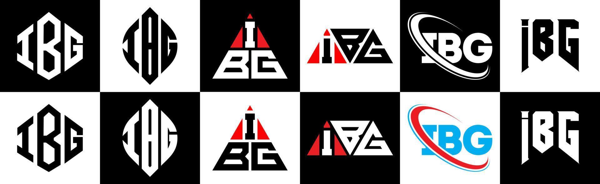 création de logo de lettre ibg en six styles. polygone ibg, cercle, triangle, hexagone, style plat et simple avec logo de lettre de variation de couleur noir et blanc dans un plan de travail. logo ibg minimaliste et classique vecteur