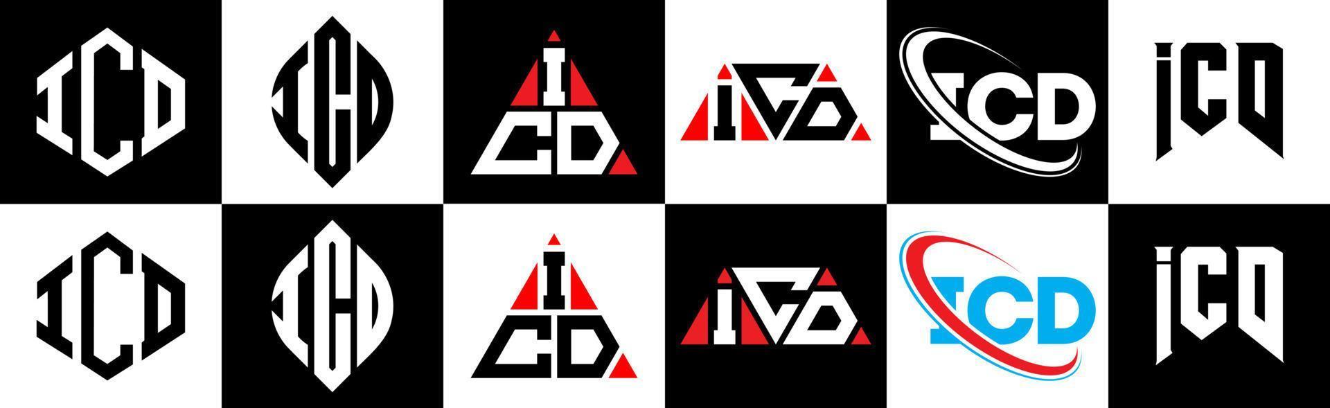 création de logo de lettre icd en six styles. polygone icd, cercle, triangle, hexagone, style plat et simple avec logo de lettre de variation de couleur noir et blanc dans un plan de travail. logo icd minimaliste et classique vecteur