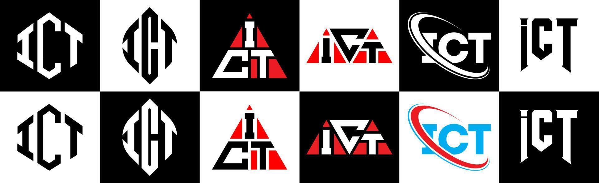 création de logo de lettre ict en six styles. ict polygone, cercle, triangle, hexagone, style plat et simple avec logo de lettre de variation de couleur noir et blanc dans un plan de travail. ic logo minimaliste et classique vecteur