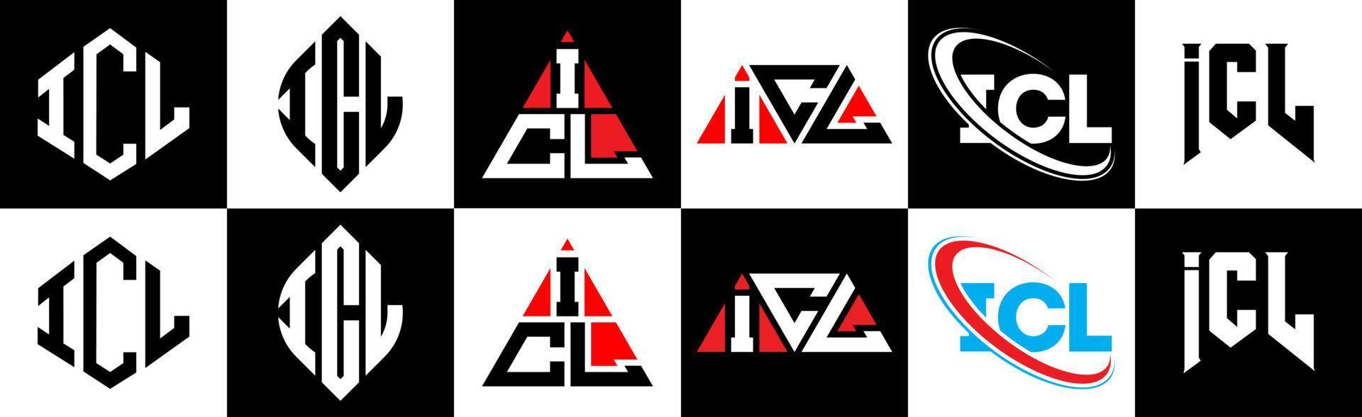 création de logo de lettre icl en six styles. icl polygone, cercle, triangle, hexagone, style plat et simple avec logo de lettre de variation de couleur noir et blanc dans un plan de travail. icl logo minimaliste et classique vecteur