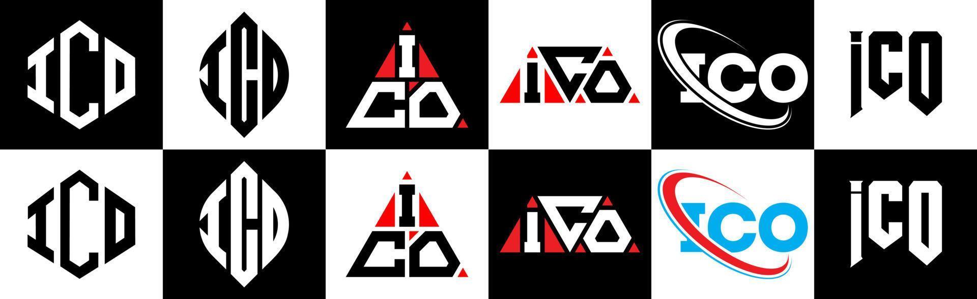 création de logo de lettre ico dans six styles. ico polygone, cercle, triangle, hexagone, style plat et simple avec logo de lettre de variation de couleur noir et blanc dans un plan de travail. ico logo minimaliste et classique vecteur