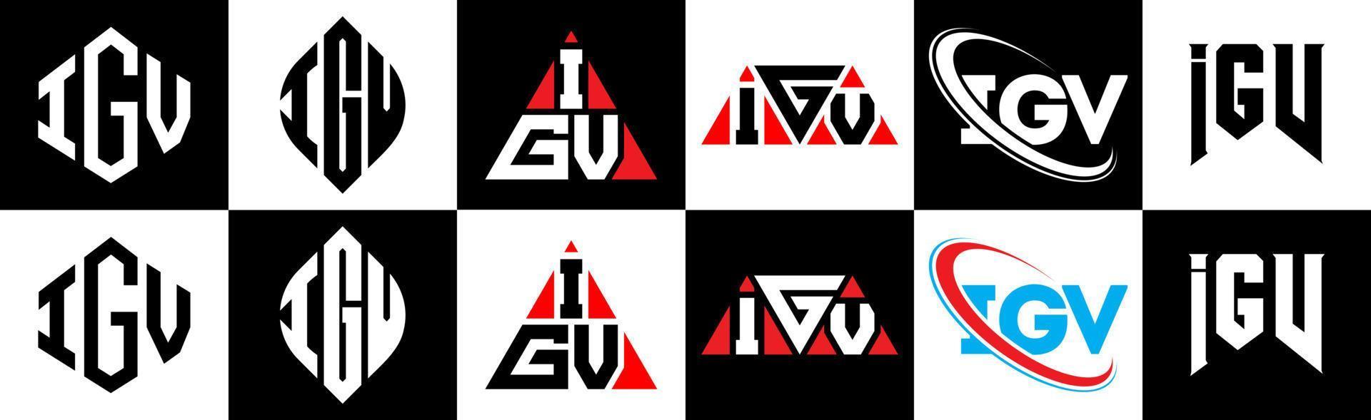 création de logo de lettre igv en six styles. polygone igv, cercle, triangle, hexagone, style plat et simple avec logo de lettre de variation de couleur noir et blanc dans un plan de travail. logo minimaliste et classique igv vecteur