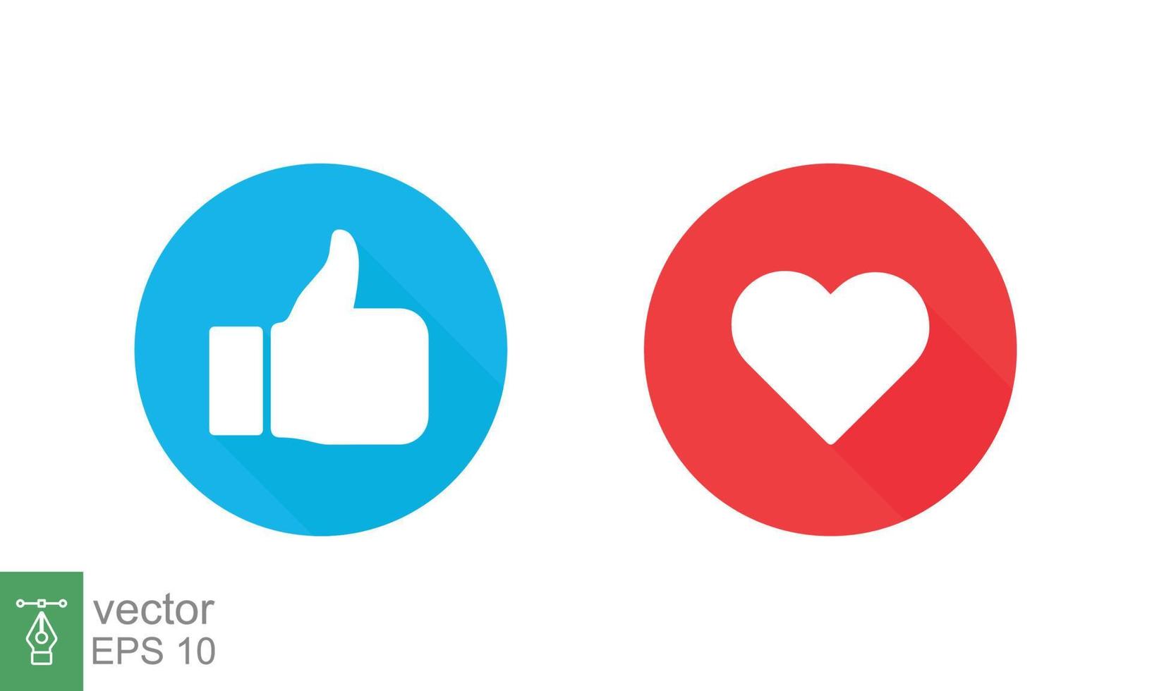 pouce levé et coeur, icône de médias sociaux. comme, bon, symbole d'amour dans le bouton cercle bleu et rouge. réactions émotionnelles empathiques. conception d'illustration vectorielle plane isolée sur fond blanc. ep 10. vecteur