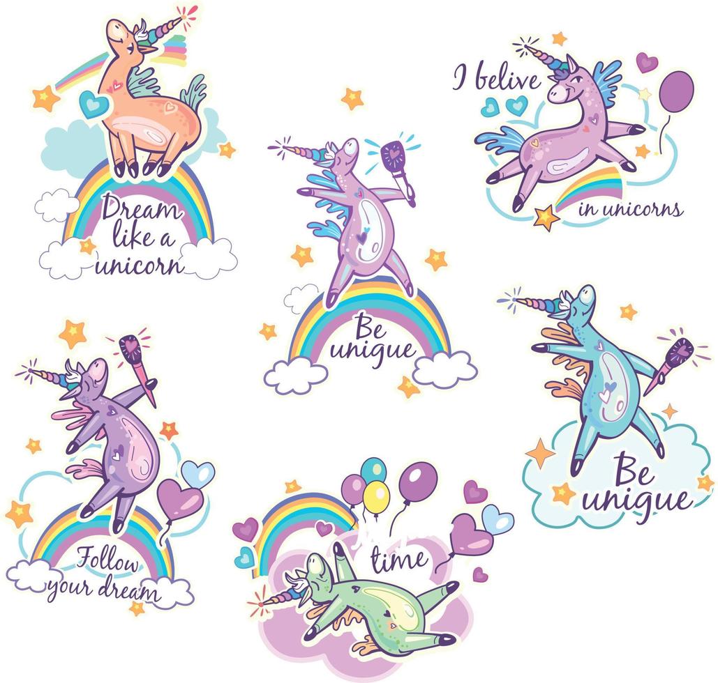 ensemble de stikers de licorne mignons magiques conçus pour les graphiques de mode, les t-shirts, les imprimés, les affiches vecteur