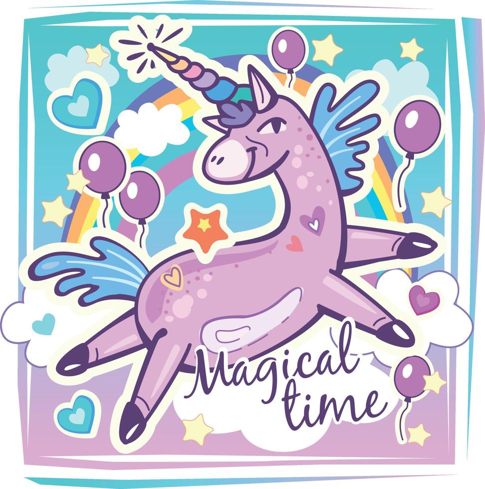 modèle de licorne mignon magique pour carte d'invitation à une fête d'anniversaire, baby shower, impressions pour enfants, affiches, décoration vecteur