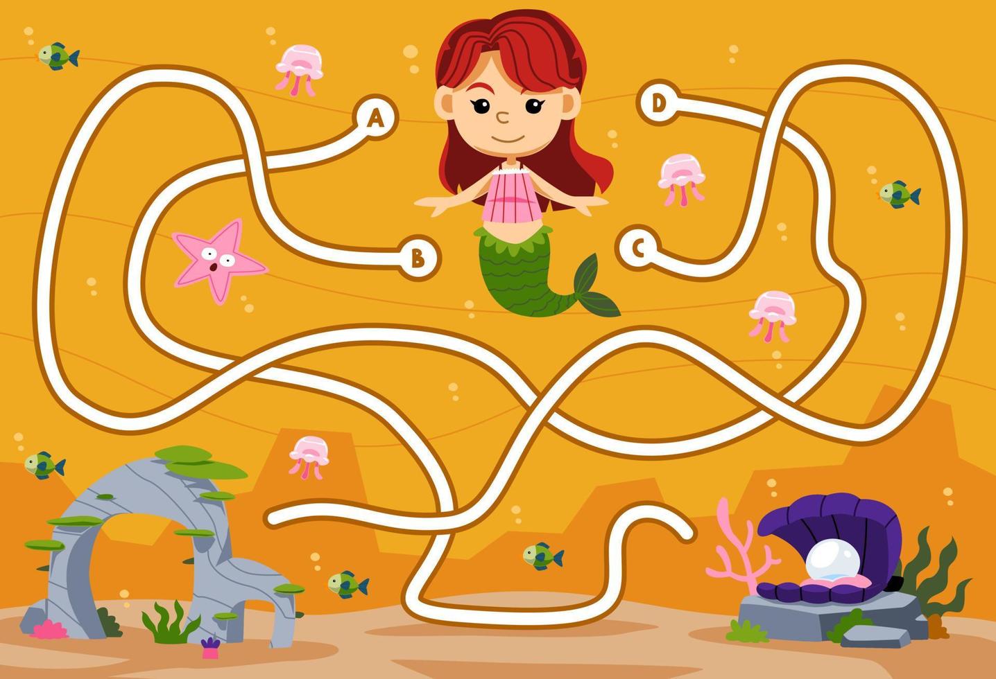 jeu de puzzle de labyrinthe pour les enfants avec une jolie pierre de sirène de dessin animé et une feuille de travail sous-marine imprimable de corail vecteur