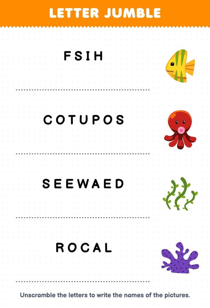 jeu d'éducation pour les enfants lettre pêle-mêle écrire le nom correct pour dessin animé mignon poisson pieuvre algue corail feuille de travail sous-marine imprimable vecteur