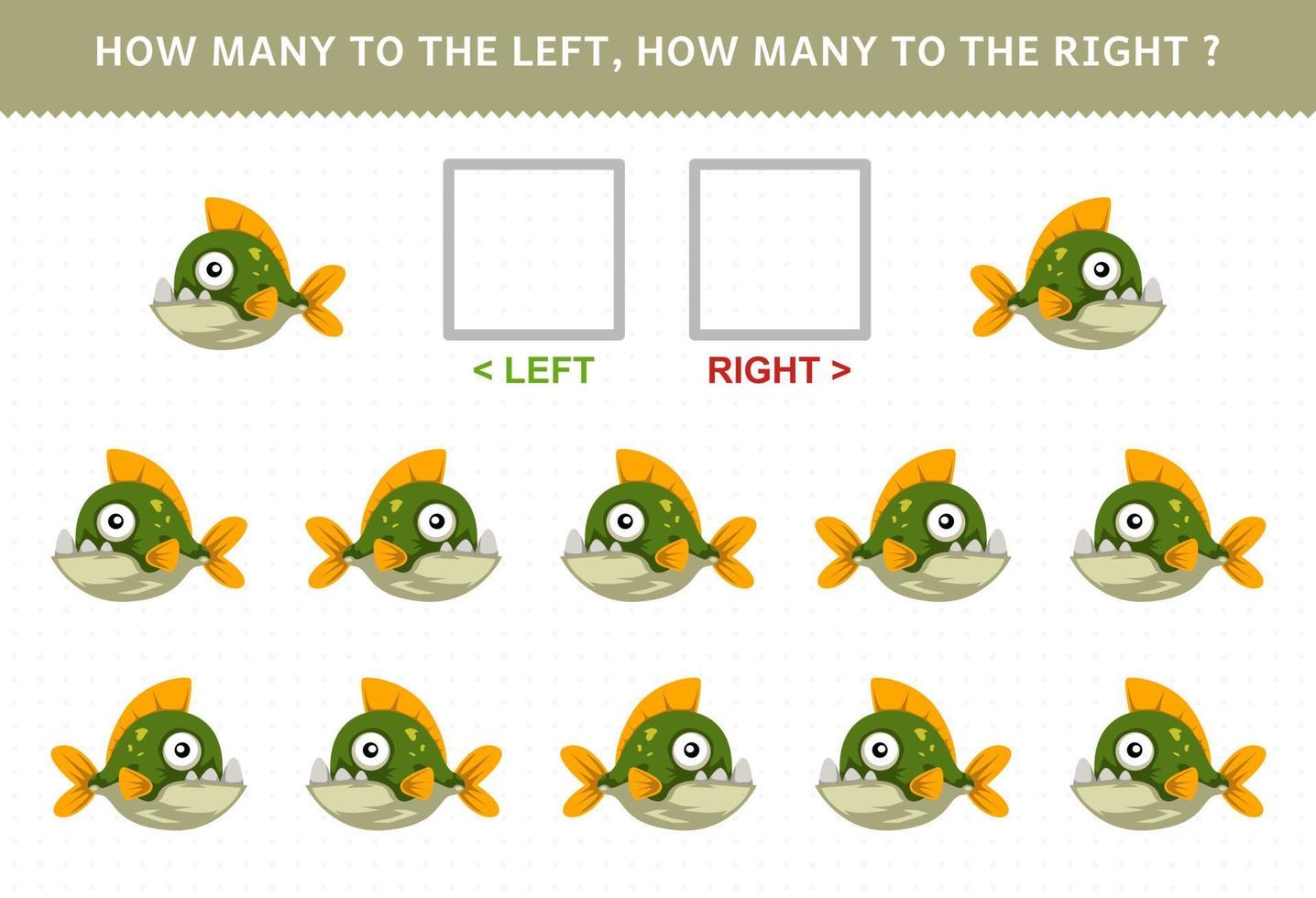 jeu éducatif pour les enfants de compter l'image gauche et droite de la feuille de travail sous-marine imprimable piranha de dessin animé mignon vecteur