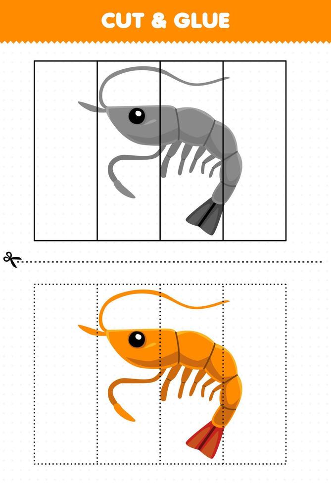 jeu éducatif pour les enfants couper et coller avec une feuille de travail sous-marine imprimable de crevettes de dessin animé mignon vecteur