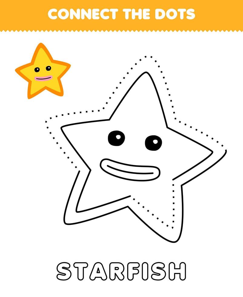 jeu éducatif pour les enfants reliez les points et la pratique de la coloration avec une feuille de travail sous-marine imprimable d'étoile de mer de dessin animé mignon vecteur