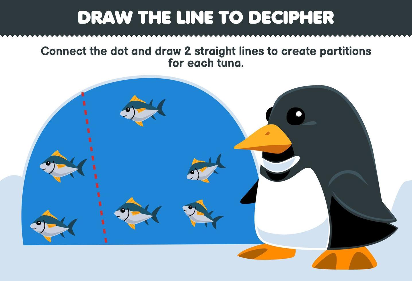 jeu éducatif pour les enfants aidez le pingouin à tracer les lignes pour séparer chaque feuille de travail sous-marine imprimable de poisson vecteur
