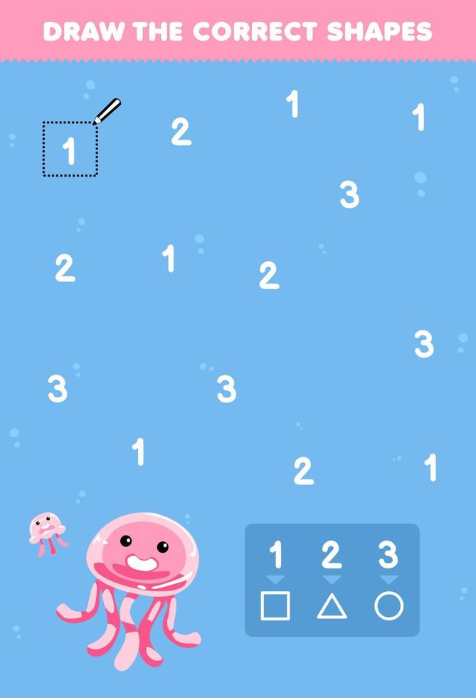 jeu éducatif pour les enfants aidez les méduses de dessin animé mignon à dessiner les formes correctes selon le numéro feuille de travail sous-marine imprimable vecteur