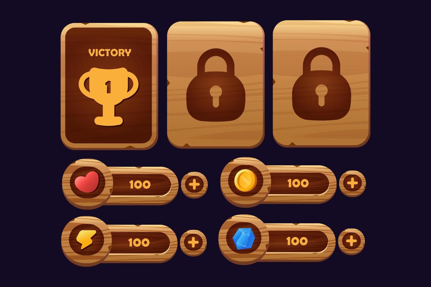 boutons de jeu d'éléments d'interface de menu de dessin animé de texture en bois et or vecteur