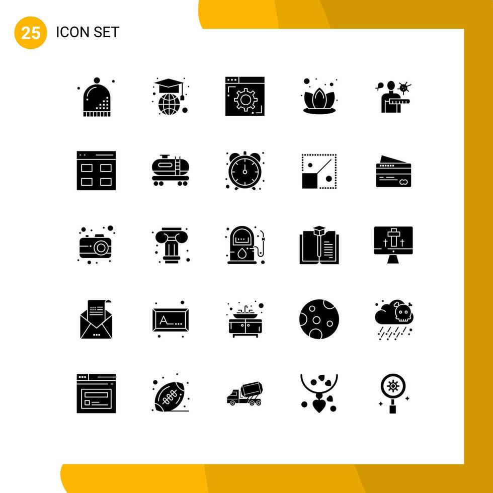 pack d'interface utilisateur de 25 glyphes solides de base d'éléments de conception vectoriels modifiables du navigateur de virus de vérification de santé spa lily vecteur