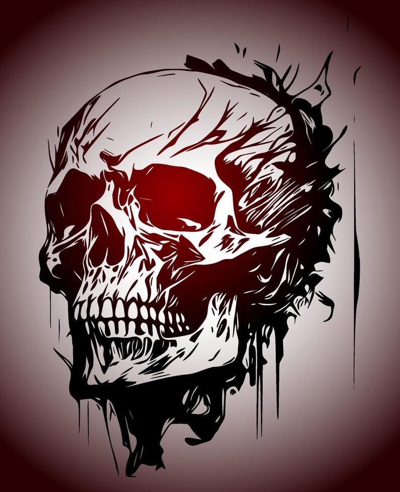 visage de crâne psychédélique, vue de face et vue de côté. dessin noir et rouge à l'encre. illustration vectorielle vecteur
