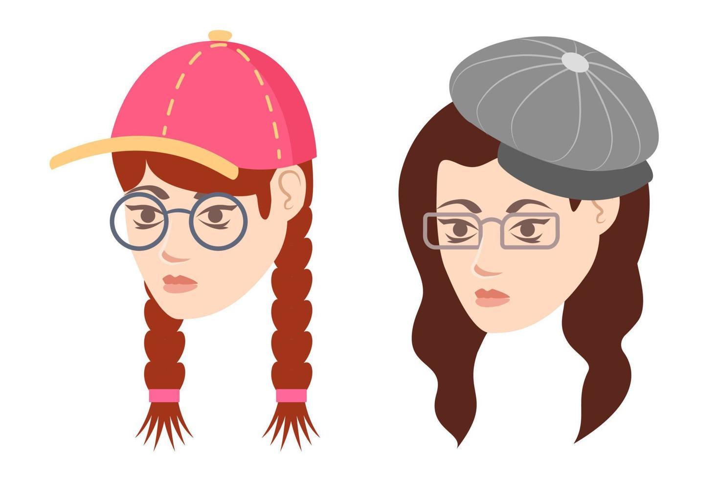 illustrations de fille avec chapeau et lunettes. portraits de filles illustrations de dessins animés vecteur