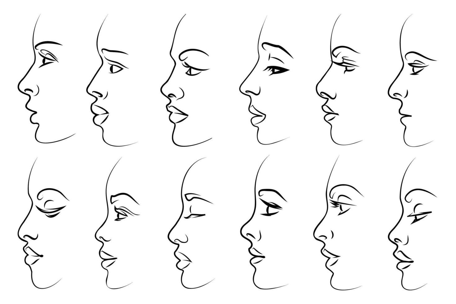 portrait de profil de femmes. dessin au trait femme sertie de fine ligne noire. les femmes élégantes font face à la vue latérale, belle collection de portraits féminins. vecteur