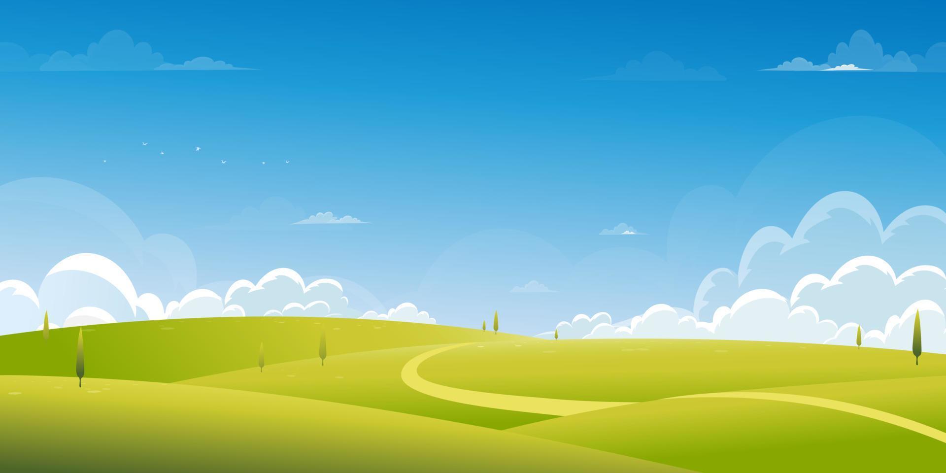 fond de printemps avec paysage de champ d'herbe verte avec montagne, ciel bleu et nuages, nature rurale panoramique d'été avec herbe sur la colline. bannière de fond d'illustration vectorielle de dessin animé pour pâques vecteur