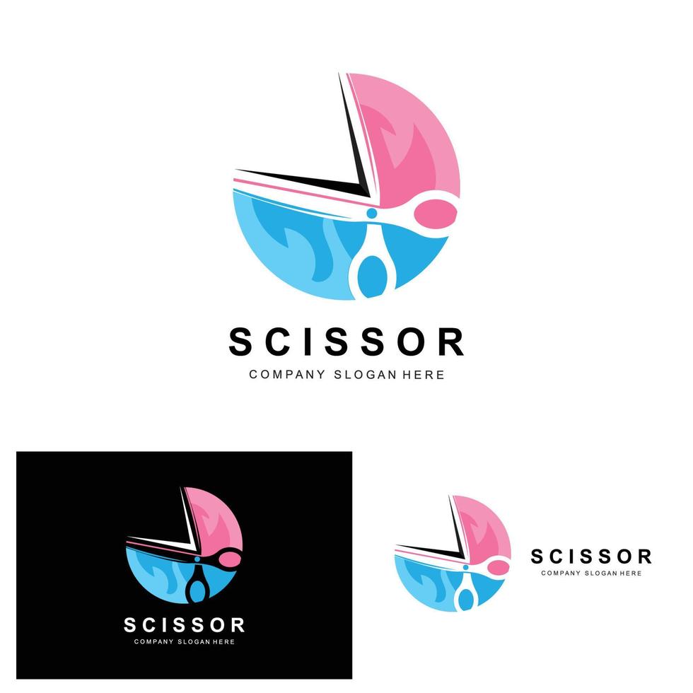 création de logo de ciseaux, illustration vectorielle icône d'outil de coupe autocollant bannière et marque de société de coiffeur vecteur