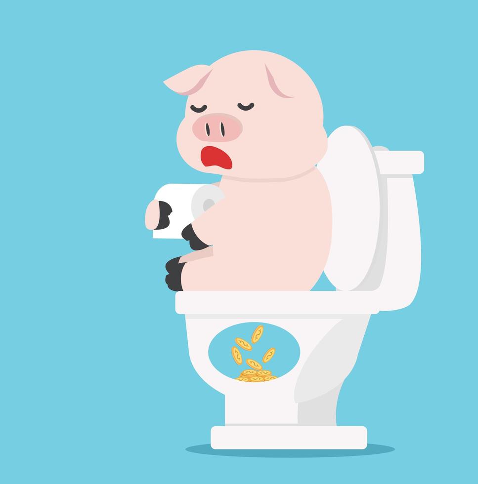 cochon assis sur le concept de toilettes blanches vecteur