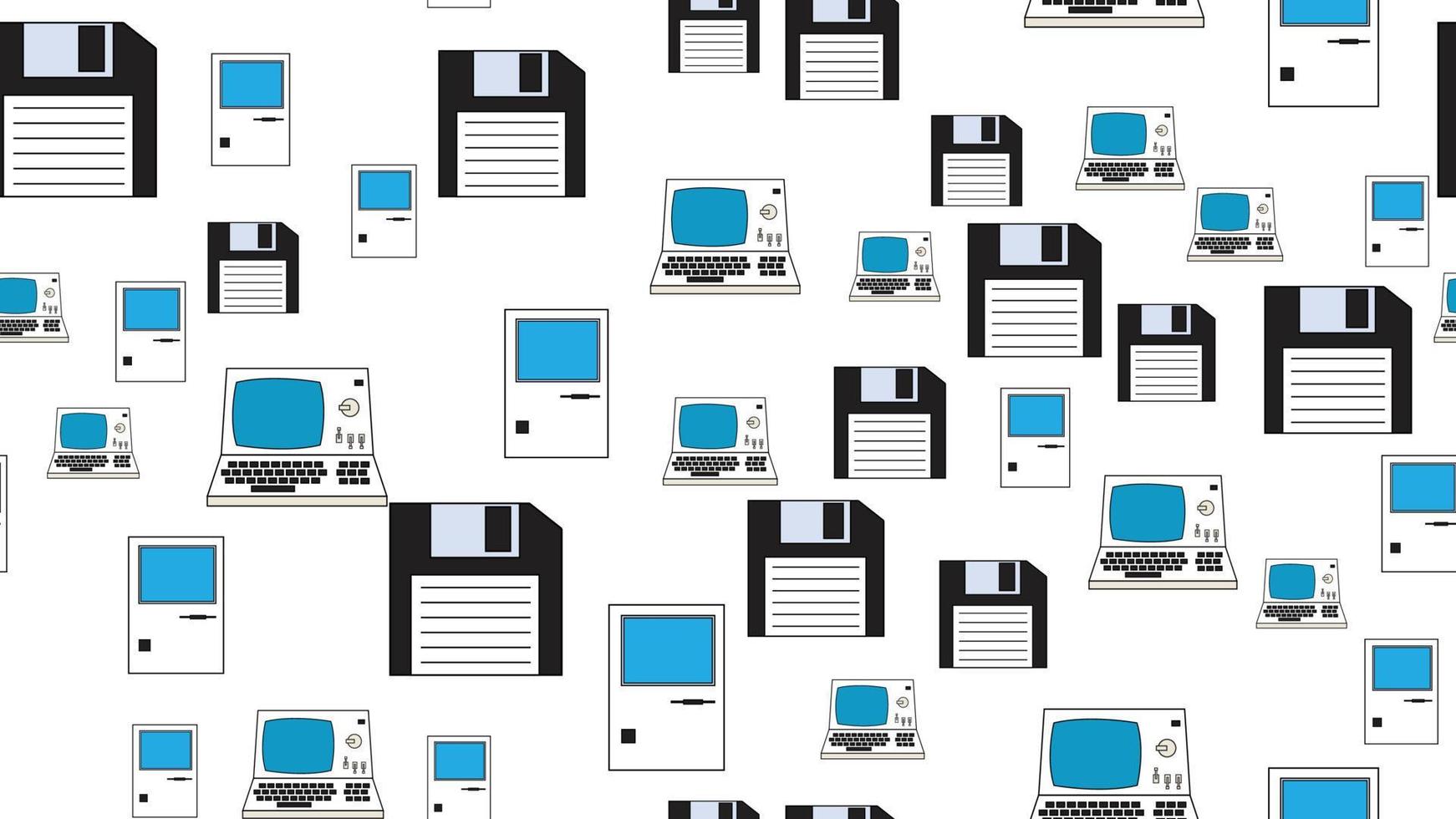 ordinateur sans fin à motif harmonieux avec anciens ordinateurs rétro, pc et disquettes hipster blanches vintage des années 70, 80, 90 isolées sur fond blanc. illustration vectorielle vecteur