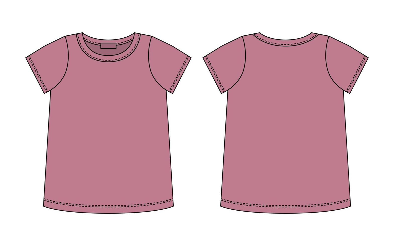 croquis technique de t-shirt vierge. couleur pudra. modèle de conception de contour de t-shirt féminin vecteur